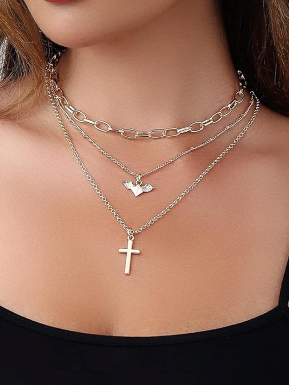 Layered Gold Link Chain Choker Necklace Cross Pendant Charm Adjustable Jewelry